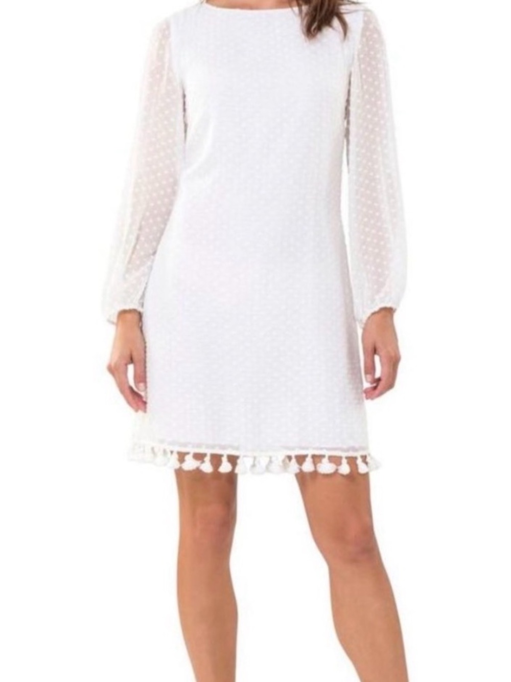 Sail to Sable Ivory Silk Swiss Dot Tassel Hem Shift Dress Bishop Sleeve Size 6